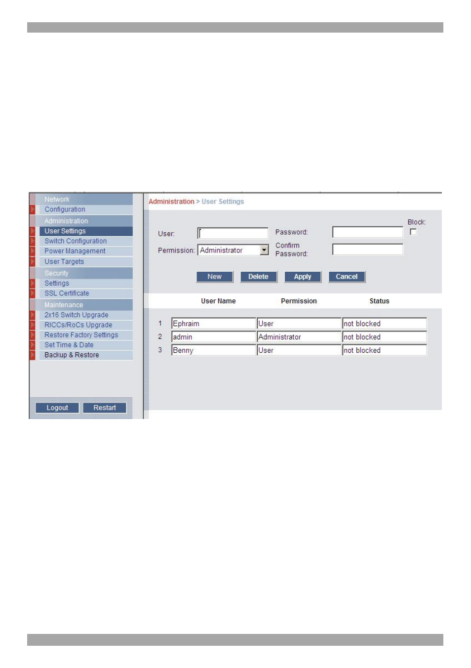 2 administration > user settings | Minicom Advanced Systems SMART 232 User Manual | Page 16 / 34