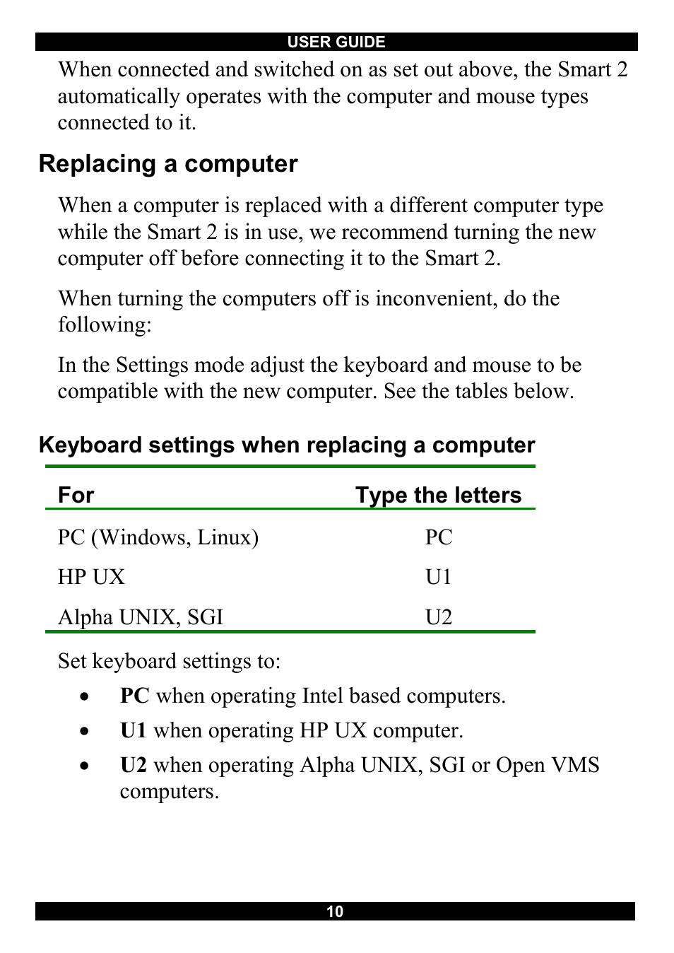 Replacing a computer, Keyboard settings when replacing a computer | Minicom Advanced Systems Switches User Manual | Page 11 / 15