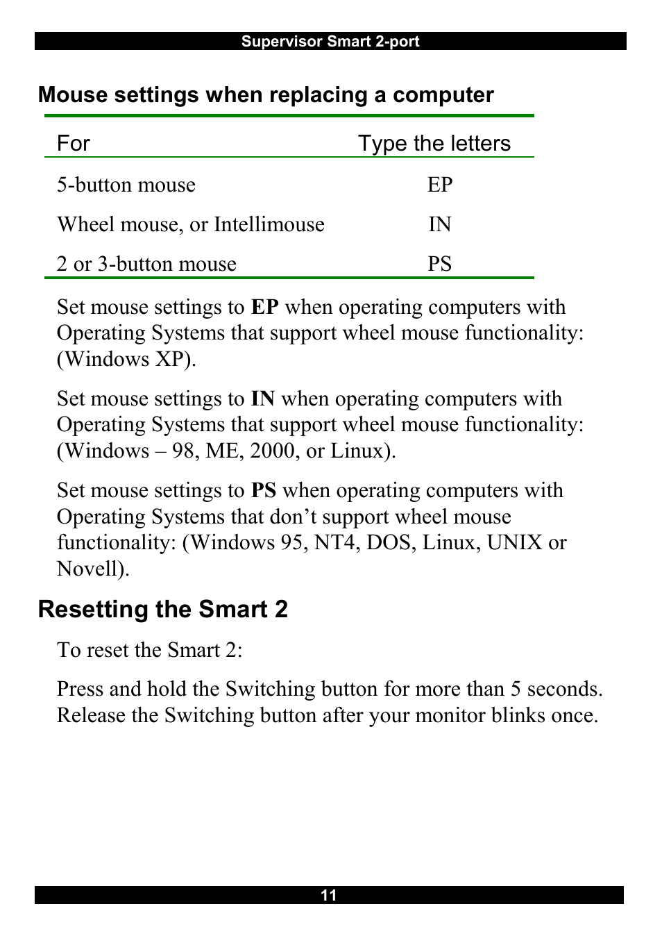 Mouse settings when replacing a computer, Resetting the smart 2 | Minicom Advanced Systems Switches User Manual | Page 12 / 15