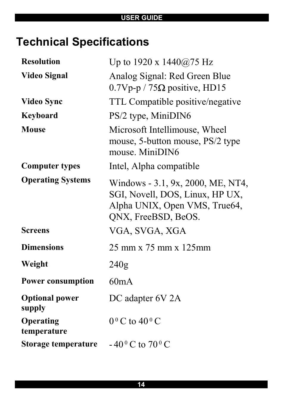 Technical specifications | Minicom Advanced Systems Switches User Manual | Page 15 / 15