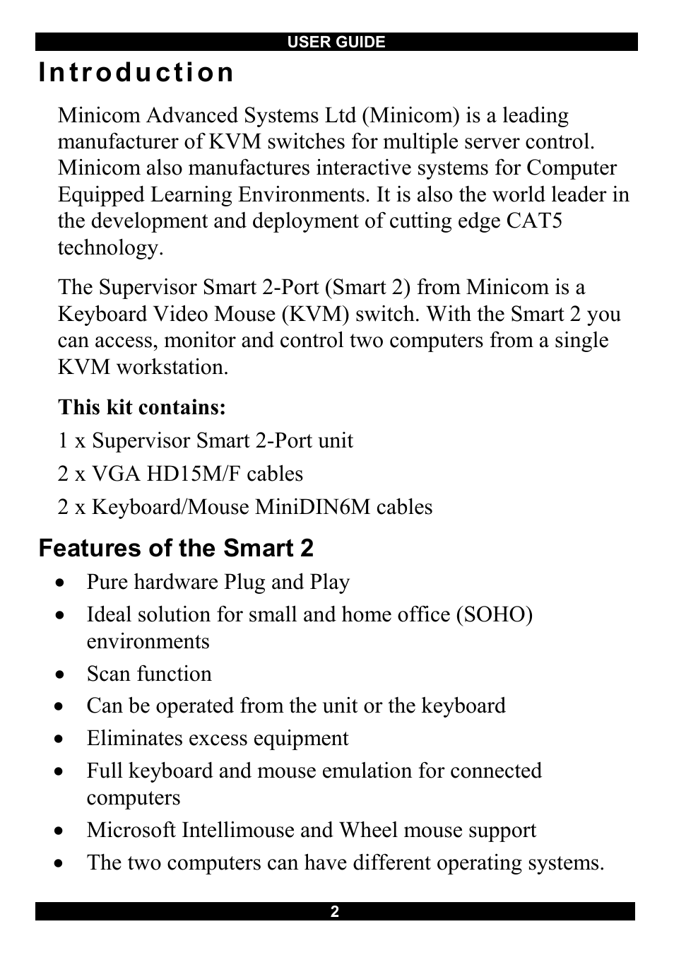 Introduction, Features of the smart 2 | Minicom Advanced Systems Switches User Manual | Page 3 / 15