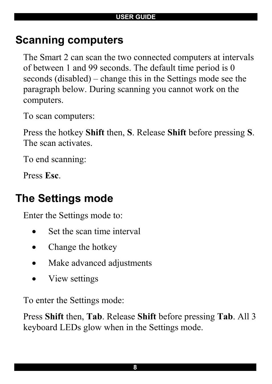 Scanning computers, The settings mode | Minicom Advanced Systems Switches User Manual | Page 9 / 15