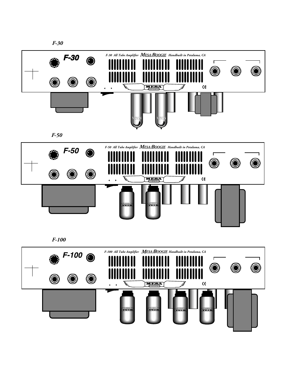 Overview: (continued), Rear view : f-30, Rear view : f-50 | Rear view : f-100, El84, Page 3, Mesa, 6l6 gc | Mesa/Boogie F-30 User Manual | Page 7 / 34