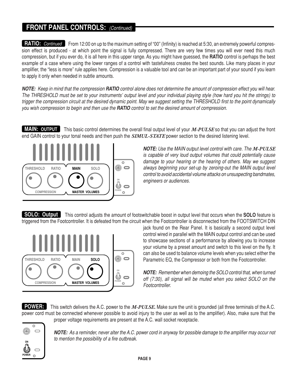 Front panel controls, Ratio, Main | Solo: output, Power | Mesa/Boogie M-pulse Simul State Bass Amplifier User Manual | Page 13 / 24