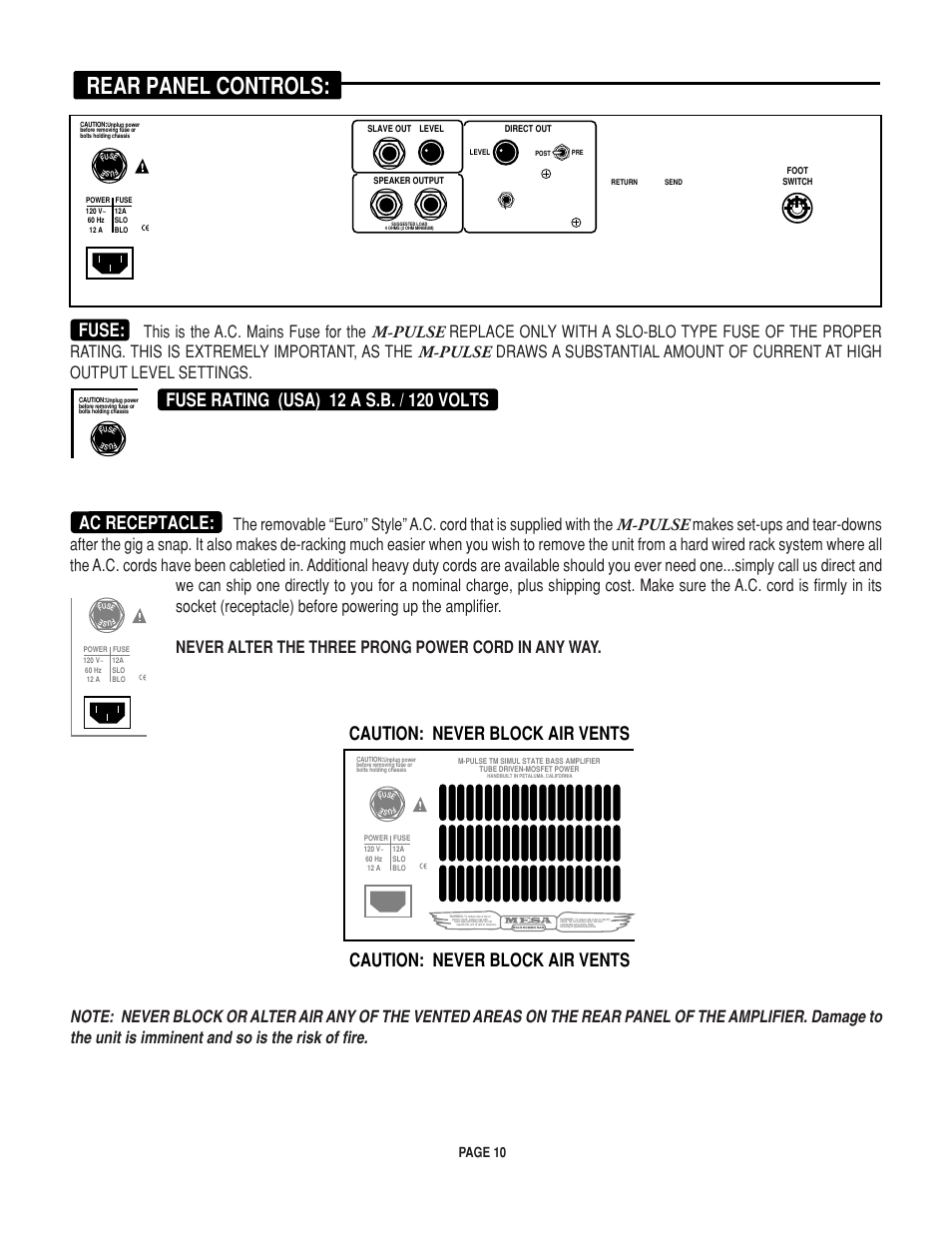 Rear panel controls, Fuse, Ac receptacle | Caution: never block air vents, Page 10 | Mesa/Boogie M-pulse Simul State Bass Amplifier User Manual | Page 14 / 24