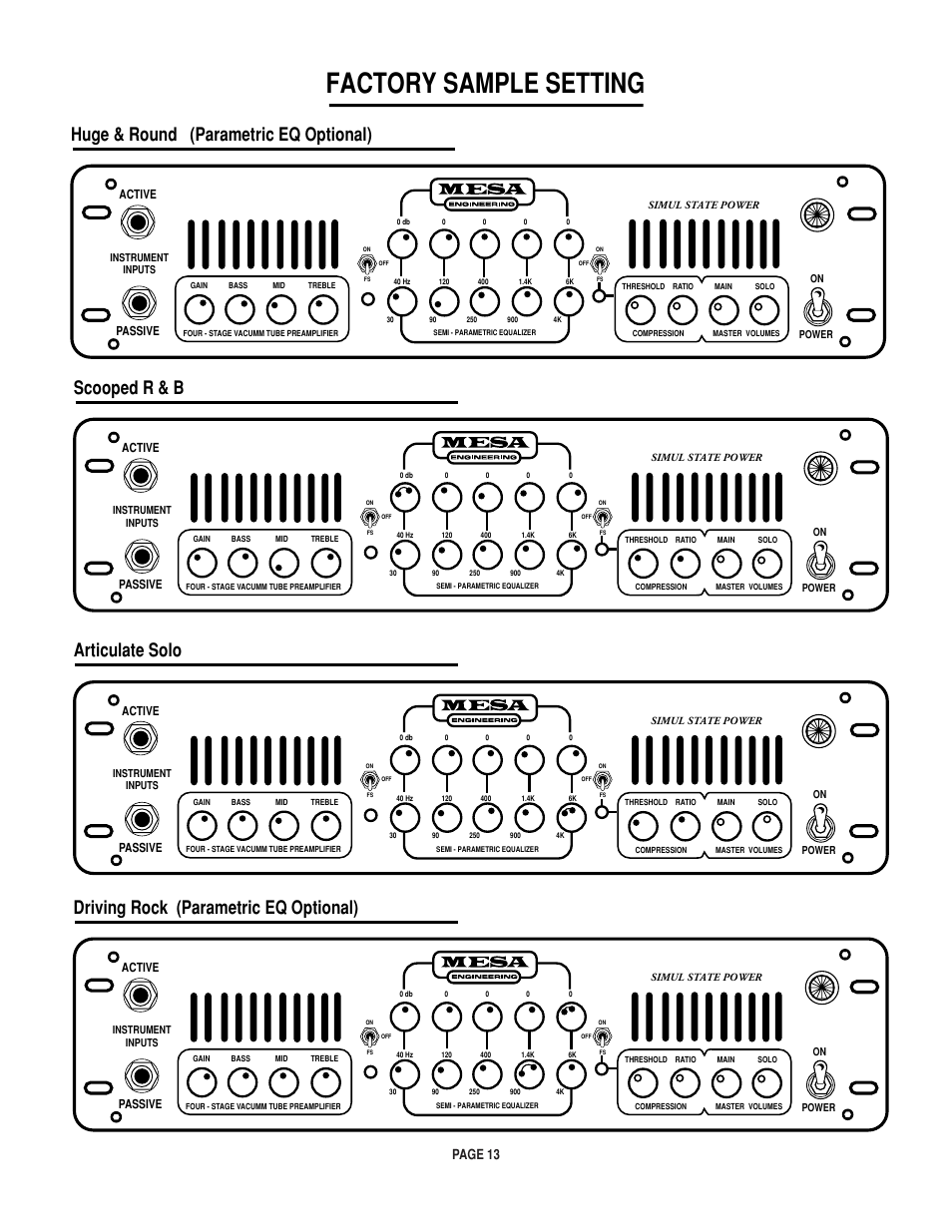 Factory sample setting, Driving rock (parametric eq optional), Articulate solo | Scooped r & b, Huge & round (parametric eq optional), Page 13 | Mesa/Boogie M-pulse Simul State Bass Amplifier User Manual | Page 17 / 24
