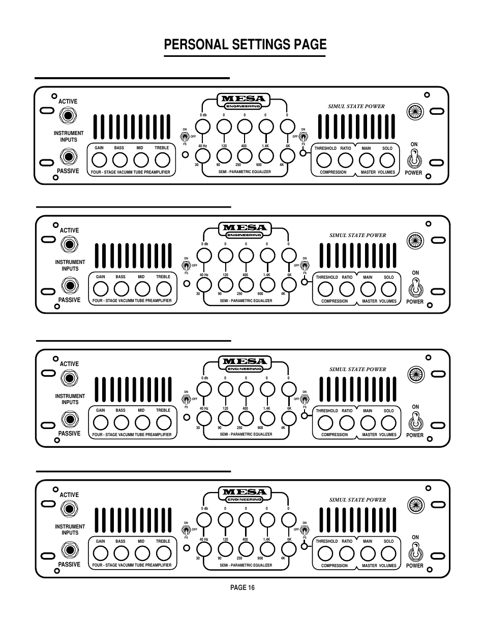 Personal settings page, Page 16, Passive active | Mesa/Boogie M-pulse Simul State Bass Amplifier User Manual | Page 20 / 24