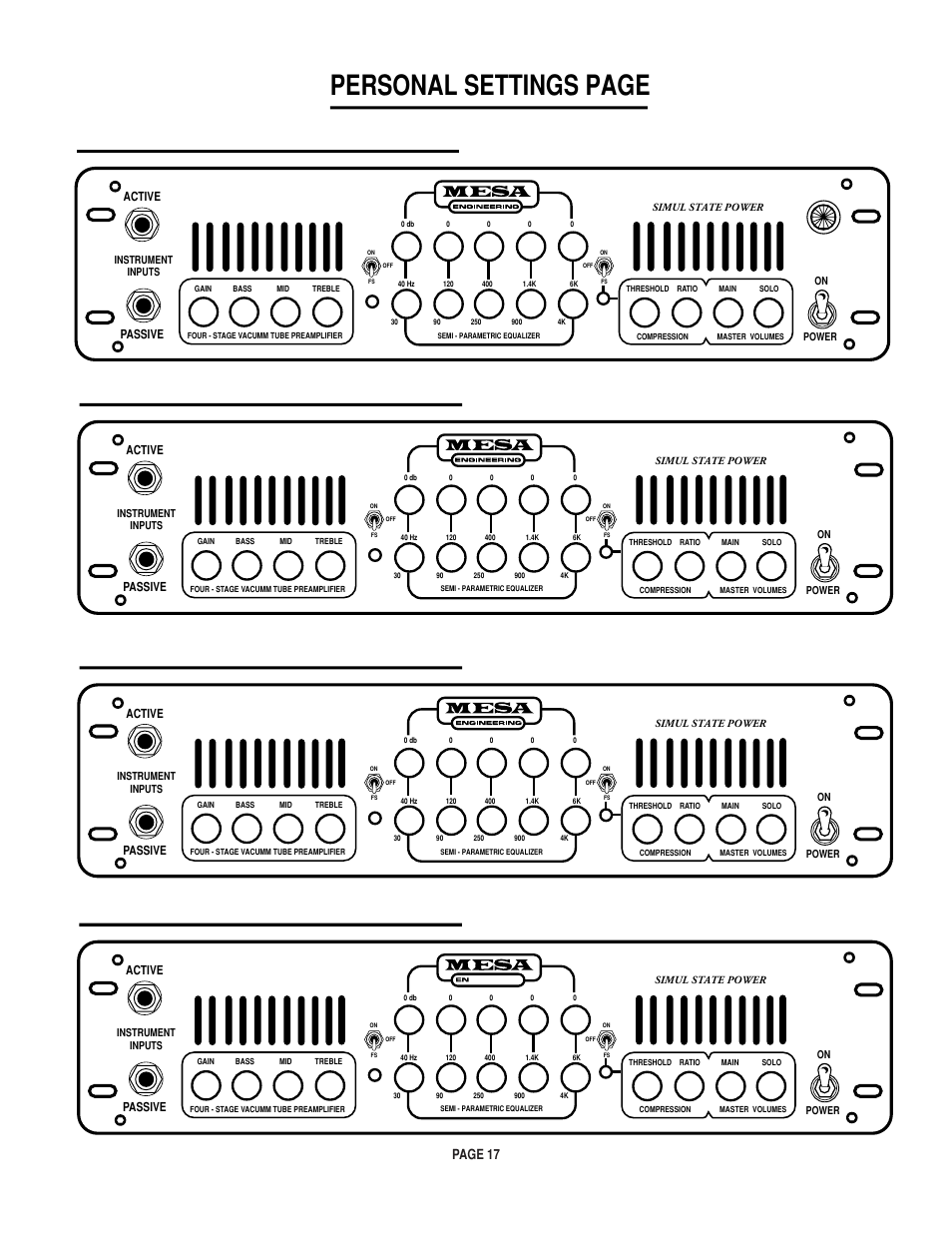 Personal settings page, Page 17, Passive active | Mesa/Boogie M-pulse Simul State Bass Amplifier User Manual | Page 21 / 24