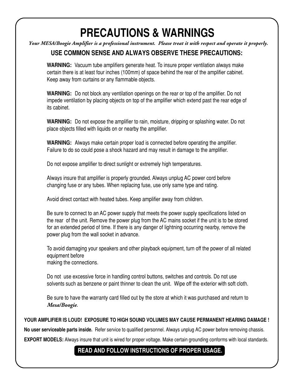 Precautions & warnings | Mesa/Boogie M-pulse Simul State Bass Amplifier User Manual | Page 4 / 24
