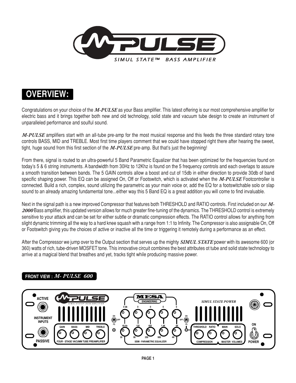 Overview, M- pulse 600 | Mesa/Boogie M-pulse Simul State Bass Amplifier User Manual | Page 5 / 24