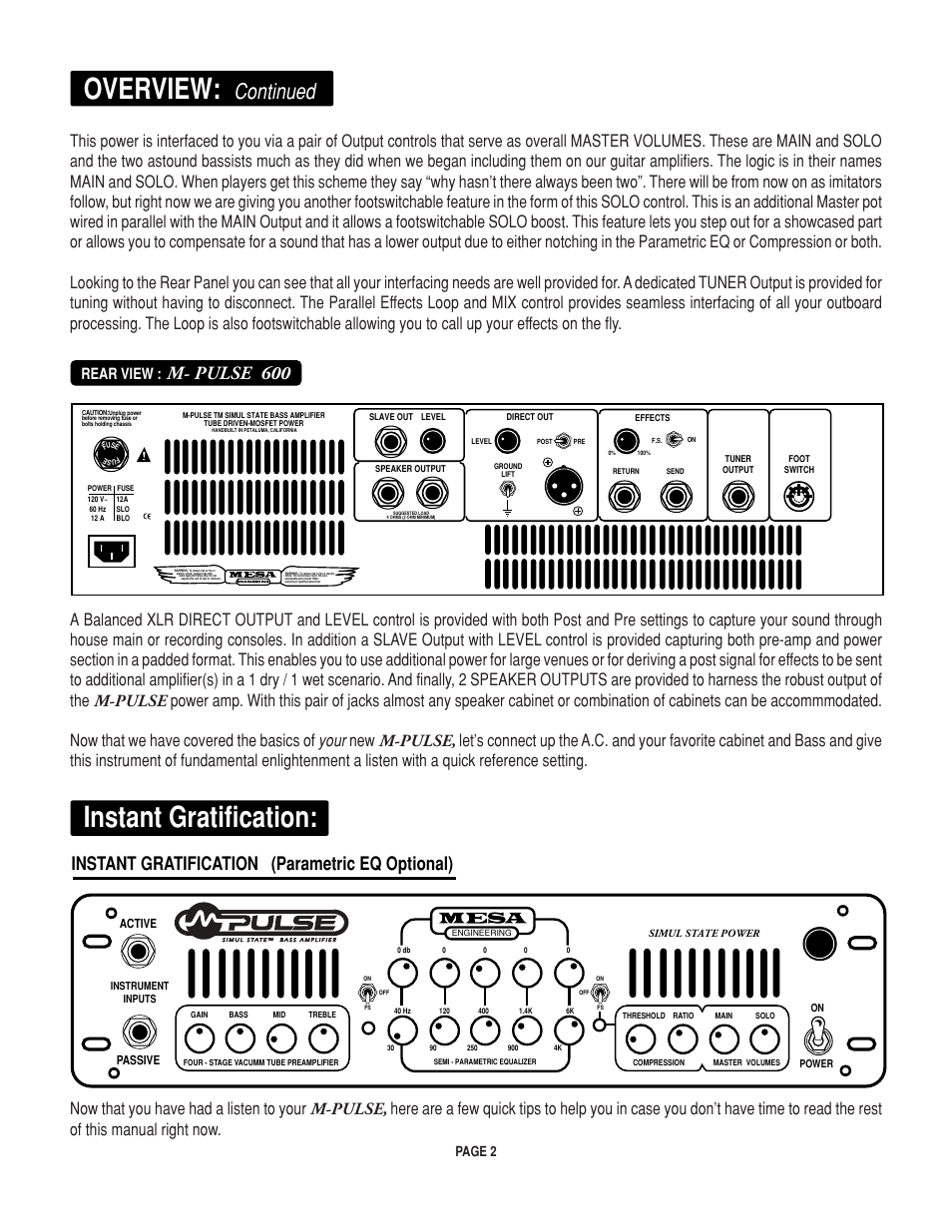 Instant gratification, Overview, Continued | M- pulse 600, Instant gratification (parametric eq optional), Rear view, Page 2 | Mesa/Boogie M-pulse Simul State Bass Amplifier User Manual | Page 6 / 24