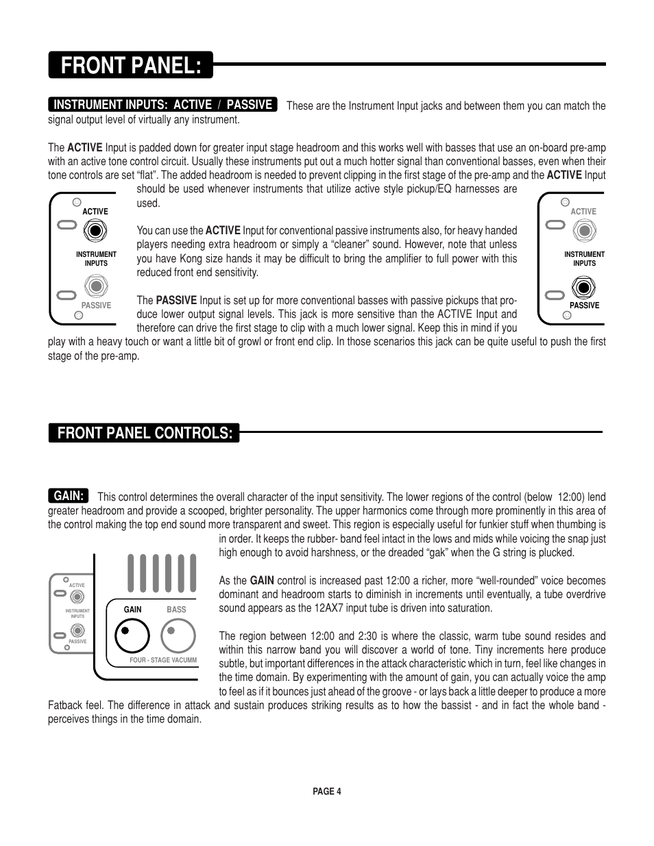 Front panel, Front panel controls, Instrument inputs: active / passive | Gain | Mesa/Boogie M-pulse Simul State Bass Amplifier User Manual | Page 8 / 24