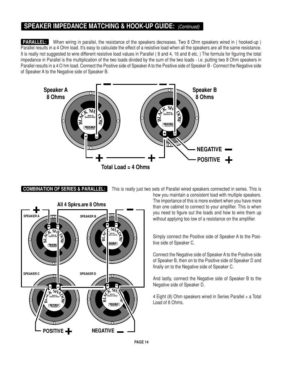 Speaker impedance matching & hook-up guide, Negative all 4 spkrs.are 8 ohms positive | Mesa/Boogie Rectifier Stereo User Manual | Page 18 / 29
