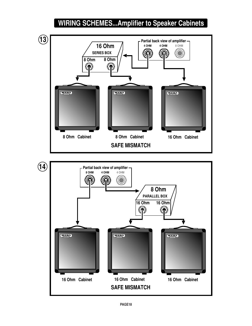 Wiring schemes...amplifier to speaker cabinets, 16 ohm, 8 ohm | Safe mismatch | Mesa/Boogie Rectifier Stereo User Manual | Page 22 / 29