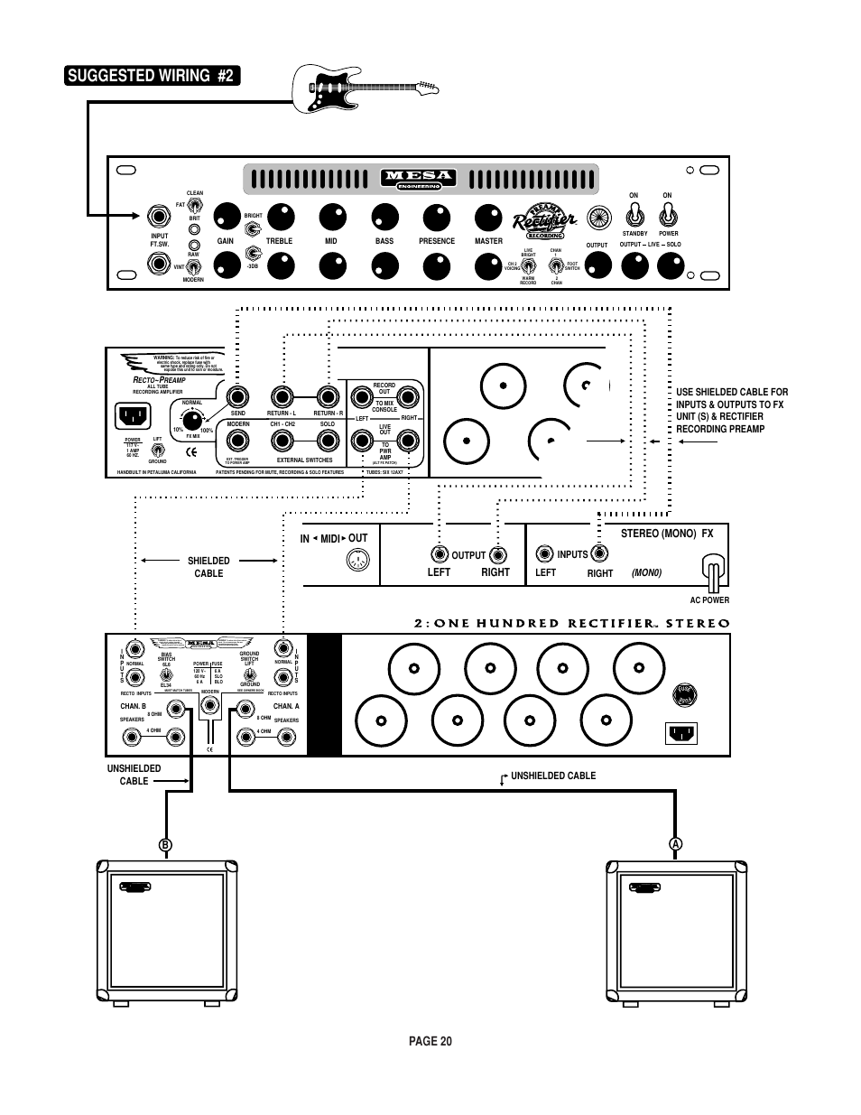 Suggested wiring #2, Page 20, Output left right (mon0) | Unshielded cable, Unshielded cable inputs | Mesa/Boogie Rectifier Stereo User Manual | Page 24 / 29