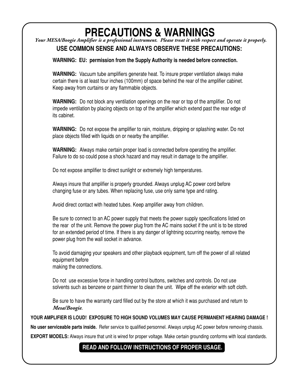 Precautions & warnings | Mesa/Boogie Rectifier Stereo User Manual | Page 4 / 29