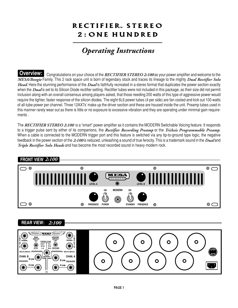 Operating instructions, Overview, Rear view | Front view, Page 1 | Mesa/Boogie Rectifier Stereo User Manual | Page 5 / 29