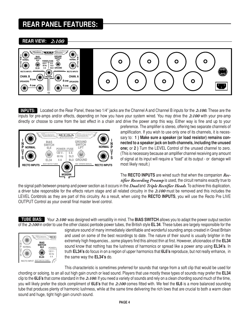 Rear panel features, Rear view, Page 4 | Mesa/Boogie Rectifier Stereo User Manual | Page 8 / 29