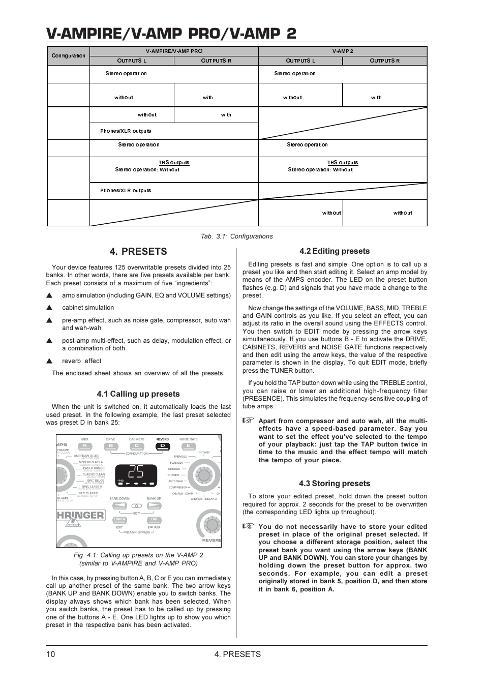 V-ampire/v-amp pro/v-amp 2, Presets, 1 calling up presets | 2 editing presets, 3 storing presets | Mesa/Boogie V-AMPIRE User Manual | Page 10 / 19