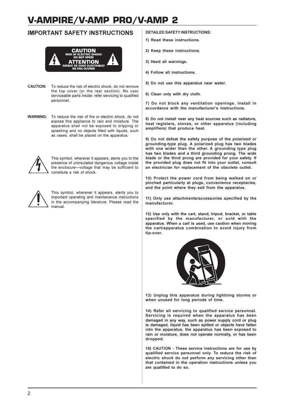 V-ampire/v-amp pro/v-amp 2, Important safety instructions | Mesa/Boogie V-AMPIRE User Manual | Page 2 / 19