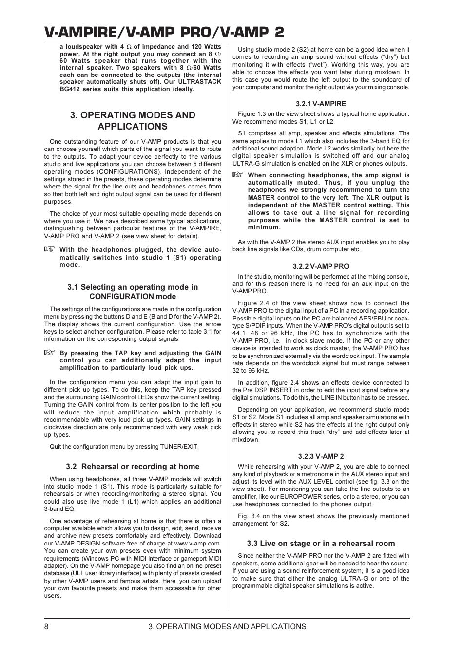 V-ampire/v-amp pro/v-amp 2, Operating modes and applications | Mesa/Boogie V-AMPIRE User Manual | Page 8 / 19