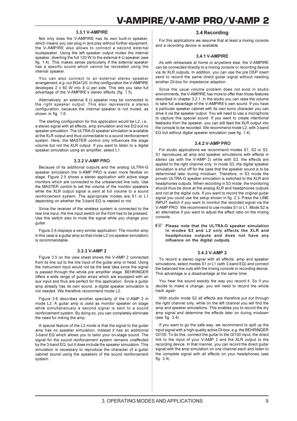 V-ampire/v-amp pro/v-amp 2, Operating modes and applications 3.4 recording | Mesa/Boogie V-AMPIRE User Manual | Page 9 / 19