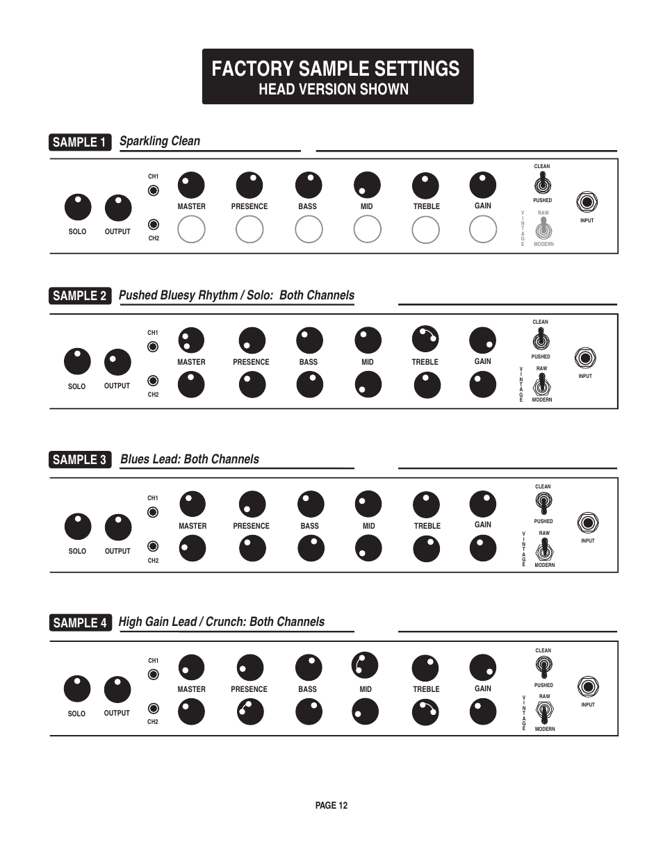 Factory sample settings, Head version shown, Page 12 | Mesa/Boogie pmn User Manual | Page 16 / 38