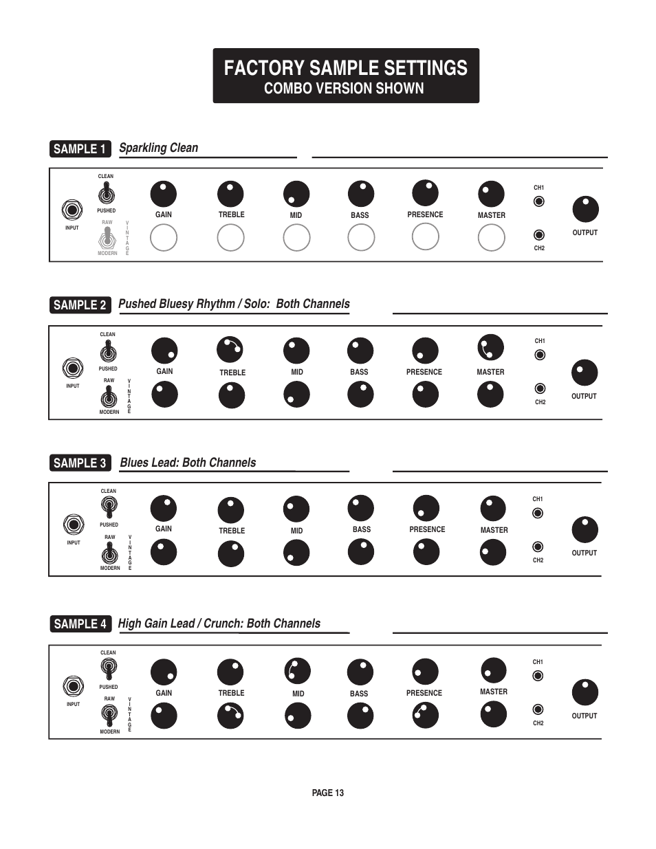 Factory sample settings, Combo version shown, Page 13 | Mesa/Boogie pmn User Manual | Page 17 / 38