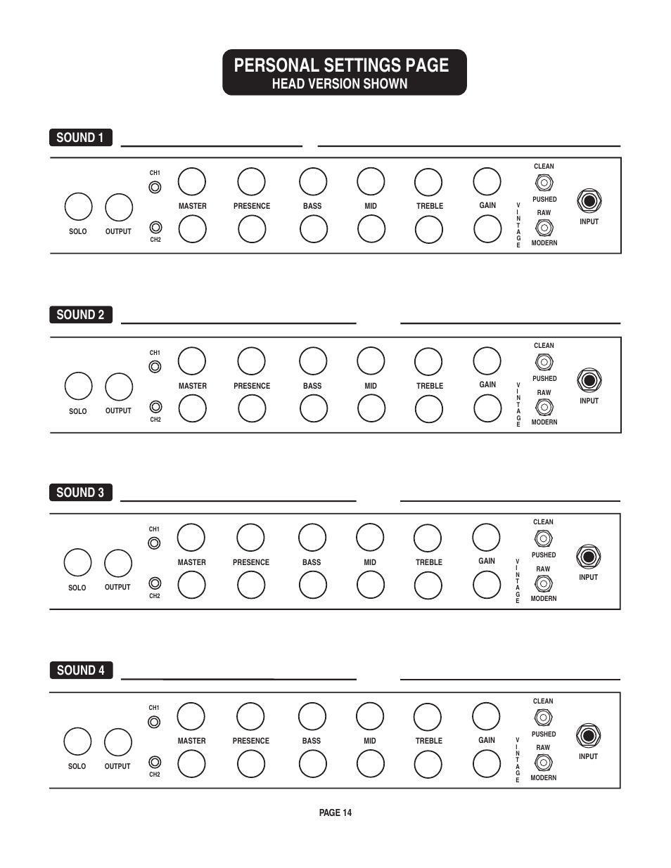 Personal settings page, Head version shown, Sound 1 sound 2 sound 3 sound 4 | Mesa/Boogie pmn User Manual | Page 18 / 38