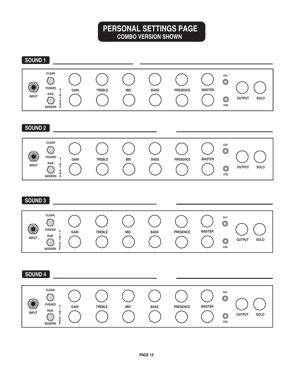 Personal settings page, Combo version shown, Sound 1 sound 2 sound 3 sound 4 | Mesa/Boogie pmn User Manual | Page 19 / 38