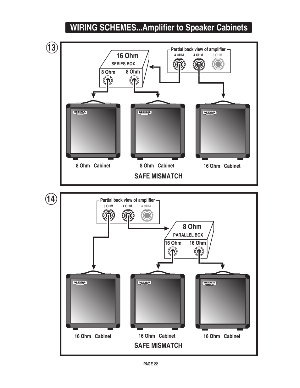 Wiring schemes...amplifier to speaker cabinets, 16 ohm, 8 ohm | Safe mismatch | Mesa/Boogie pmn User Manual | Page 26 / 38