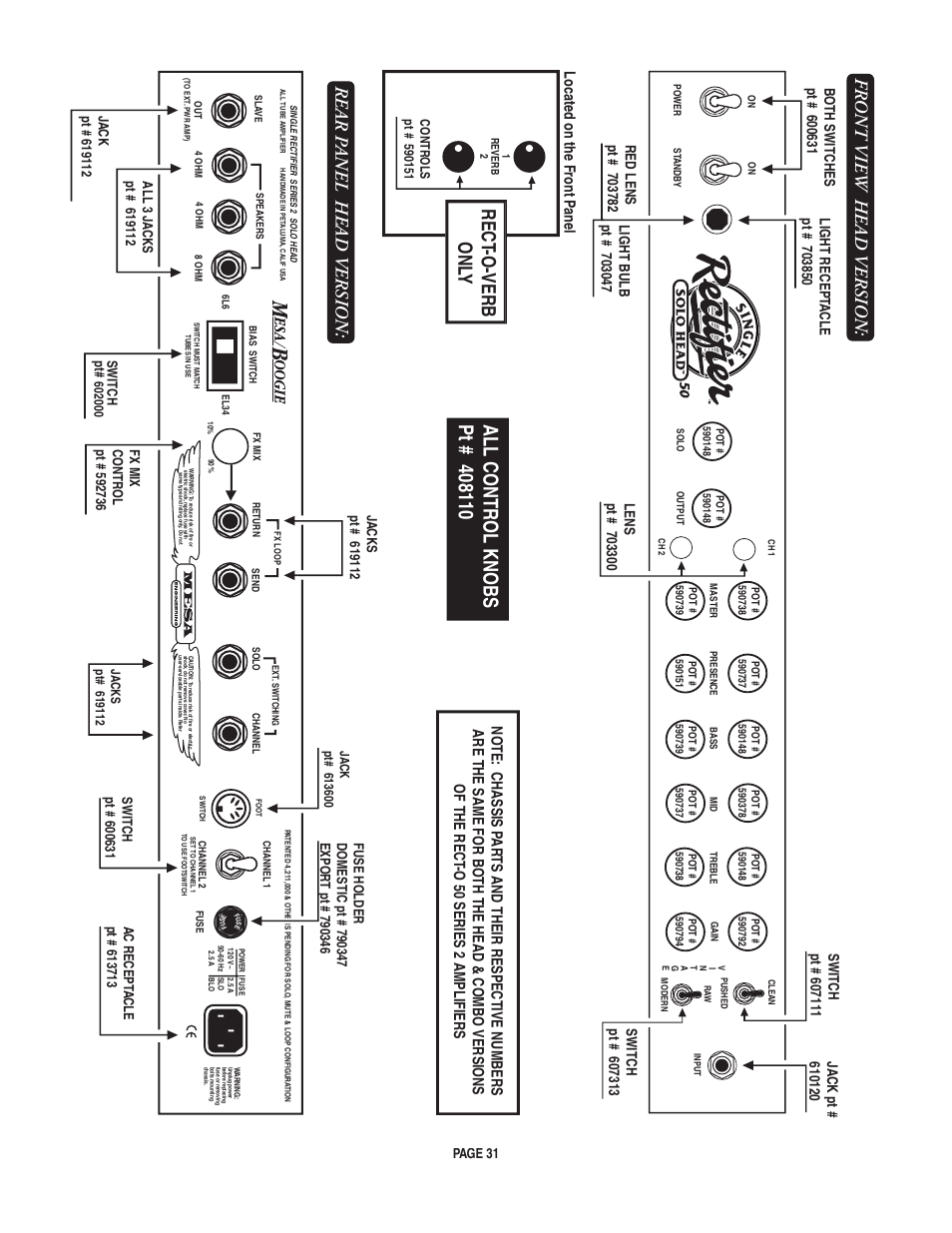 Rect -o-verb onl y, Front view head version, Rear p anel head version | Page 31 | Mesa/Boogie pmn User Manual | Page 35 / 38