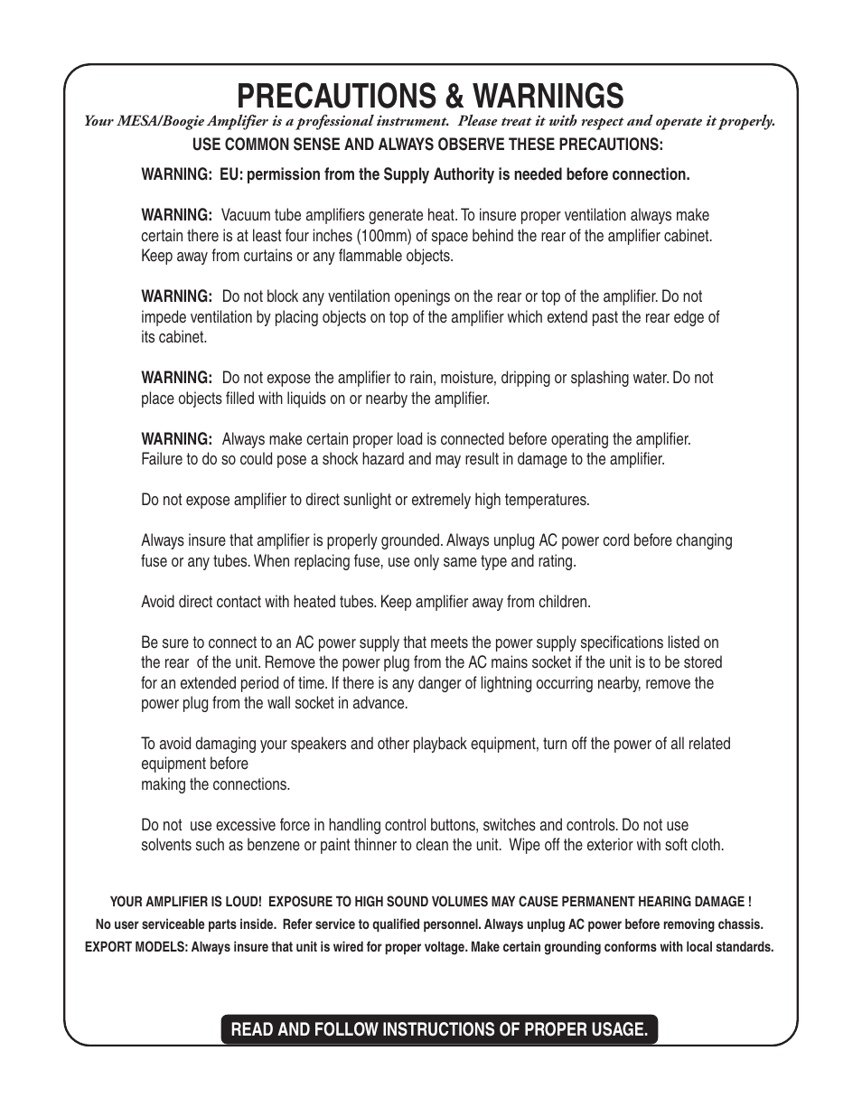 Precautions & warnings | Mesa/Boogie pmn User Manual | Page 4 / 38
