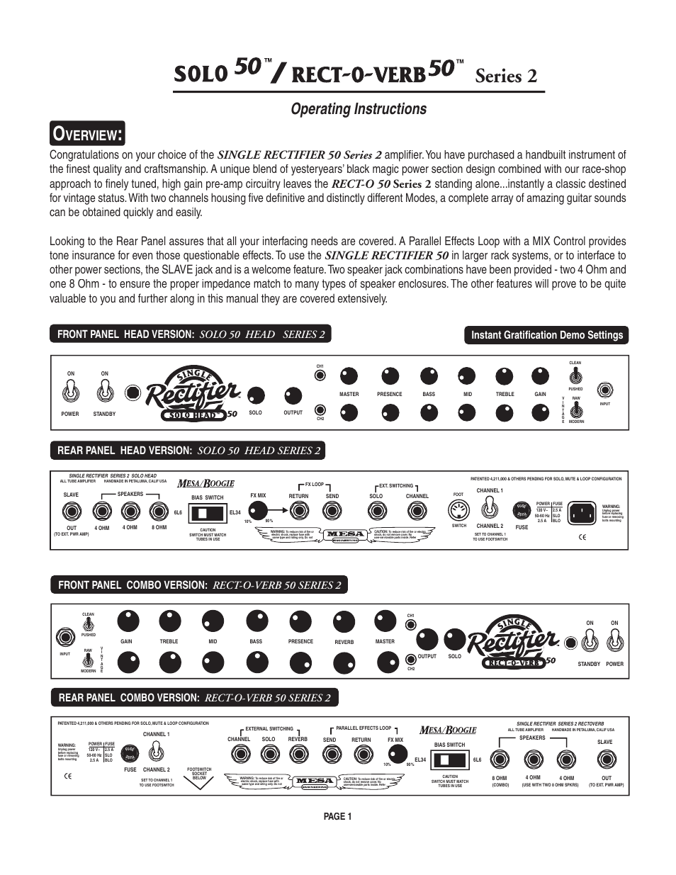Series 2, Operating instructions, Verview | Rear panel head version: solo 50 head series 2, Front panel combo version: rect-o-verb 50 series 2, Rear panel combo version: rect-o-verb 50 series 2, Page 1 | Mesa/Boogie pmn User Manual | Page 5 / 38