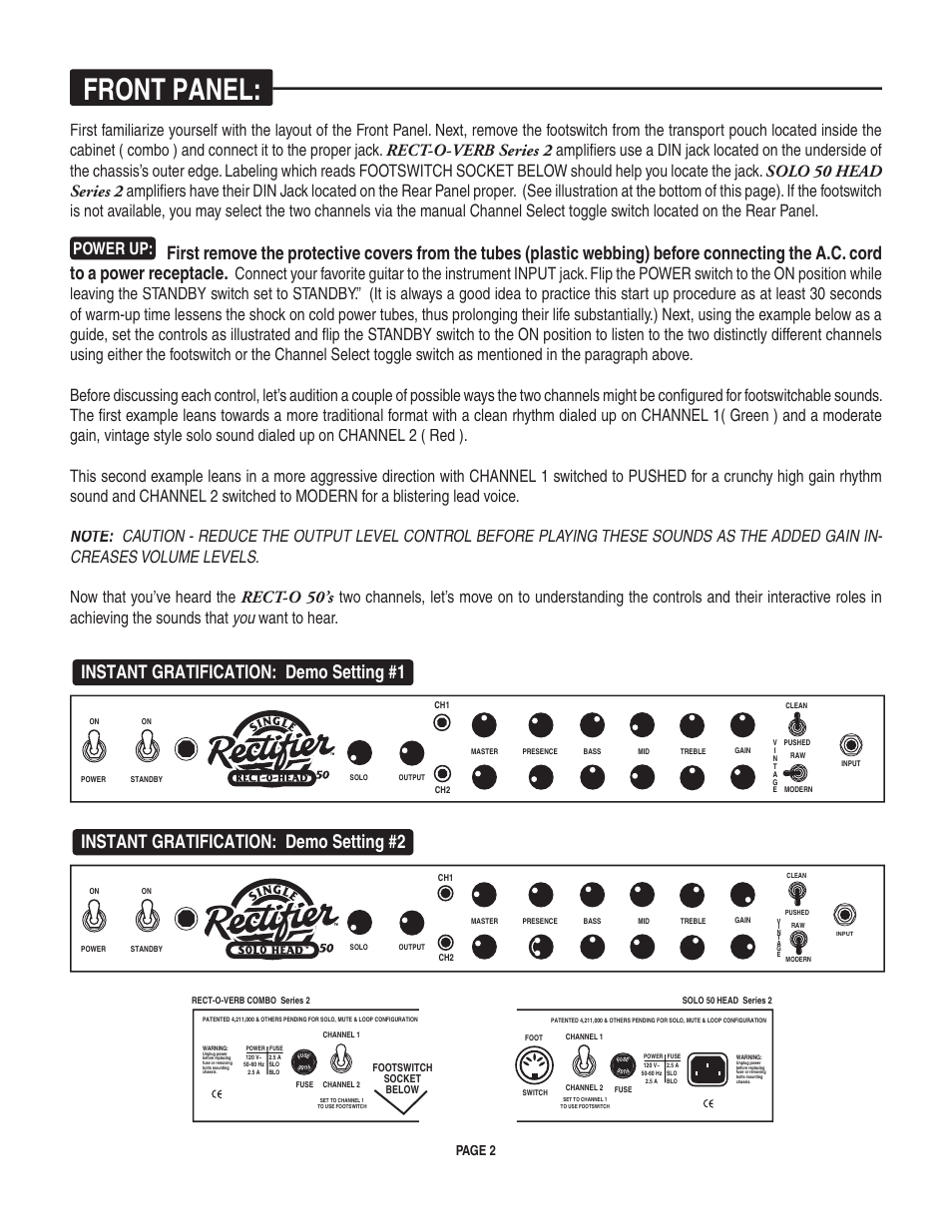 Front panel, Instant gratification: demo setting #2, Instant gratification: demo setting #1 | Page 2 | Mesa/Boogie pmn User Manual | Page 6 / 38