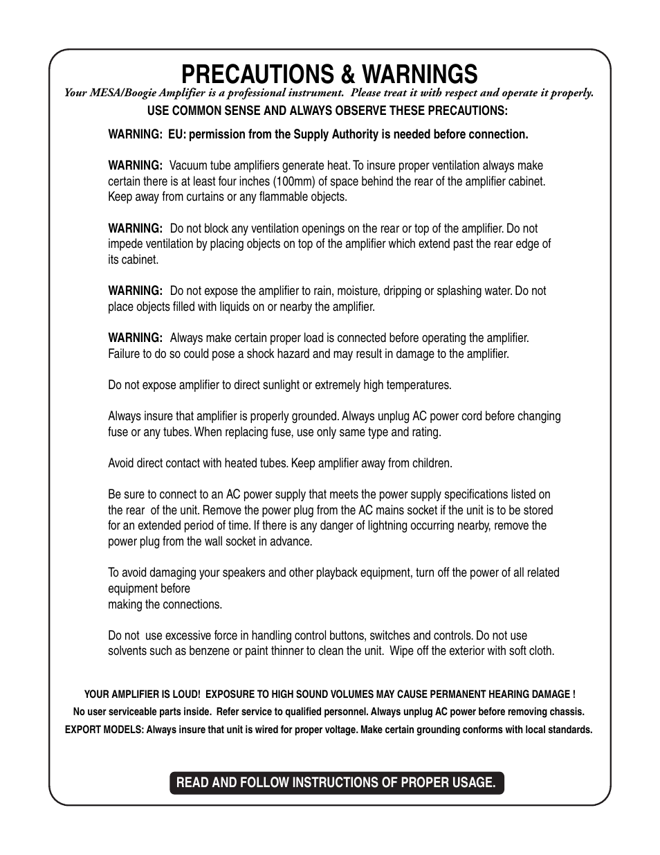 Precautions & warnings | Mesa/Boogie Carbine M6 User Manual | Page 4 / 20