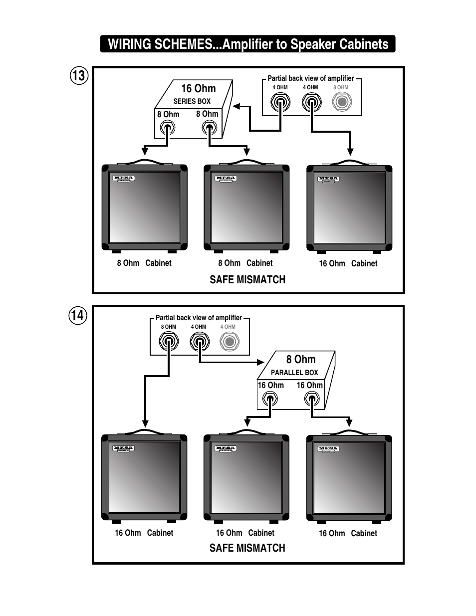 Wiring schemes...amplifier to speaker cabinets, 16 ohm, 8 ohm | Safe mismatch | Mesa/Boogie MARK 1 User Manual | Page 21 / 30