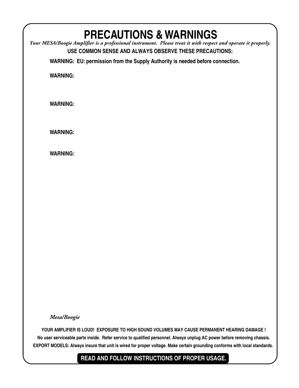 Precautions & warnings | Mesa/Boogie MARK 1 User Manual | Page 4 / 30