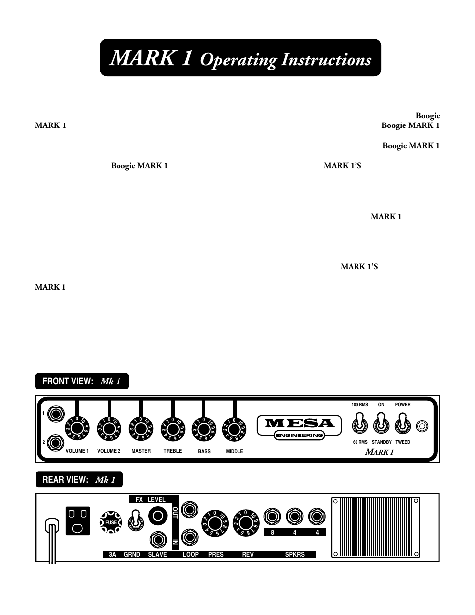 Mark 1, Operating instructions, Front view: mk 1 | Rear view: mk 1 | Mesa/Boogie MARK 1 User Manual | Page 5 / 30