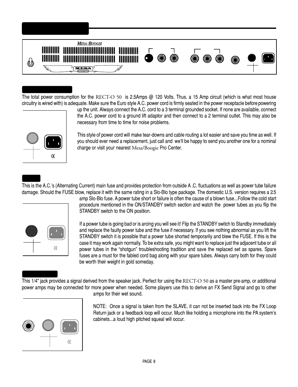 Rear panel, A.c. receptacle: fuse, Slave out | Page 8 | Mesa/Boogie SOLO 50 User Manual | Page 12 / 28