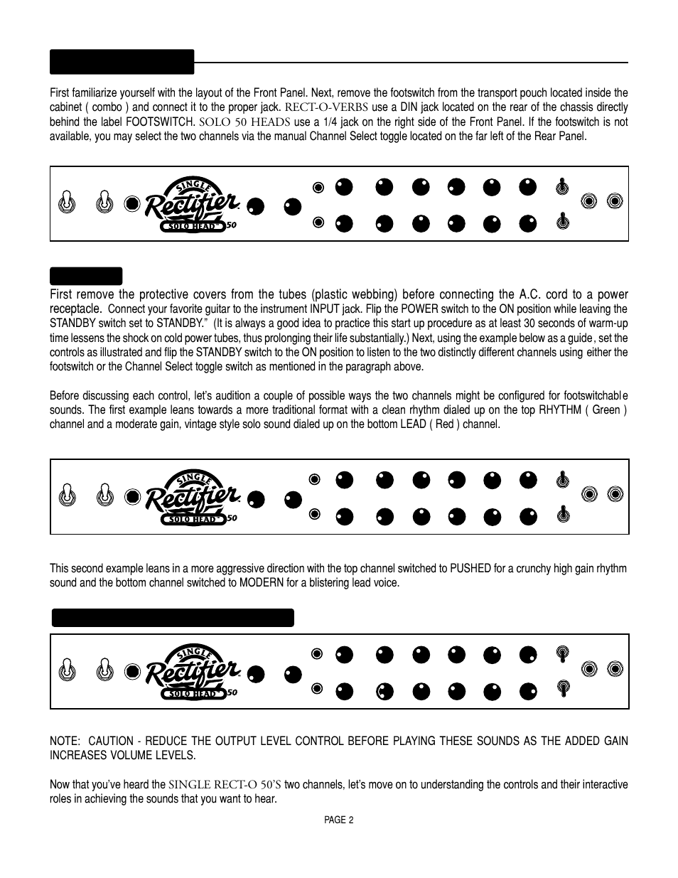 Front panel, Power-up, Instant gratification: demo setting #2 | Solo 50 head version, Page 2 | Mesa/Boogie SOLO 50 User Manual | Page 6 / 28