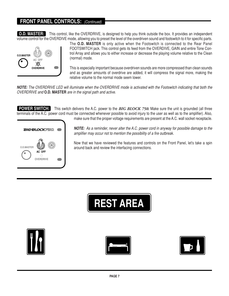 Rest area, Front panel controls | Mesa/Boogie BIGBLOCK Big Block 750 User Manual | Page 11 / 20