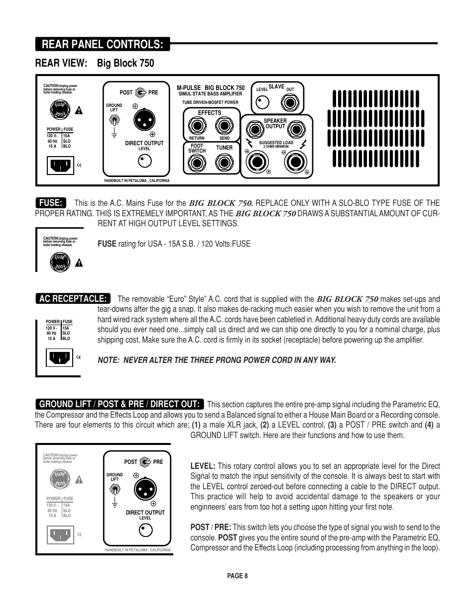 Rear panel controls, Rear view: big block 750, Fuse | Ac receptacle, Ground lift / post & pre / direct out | Mesa/Boogie BIGBLOCK Big Block 750 User Manual | Page 12 / 20