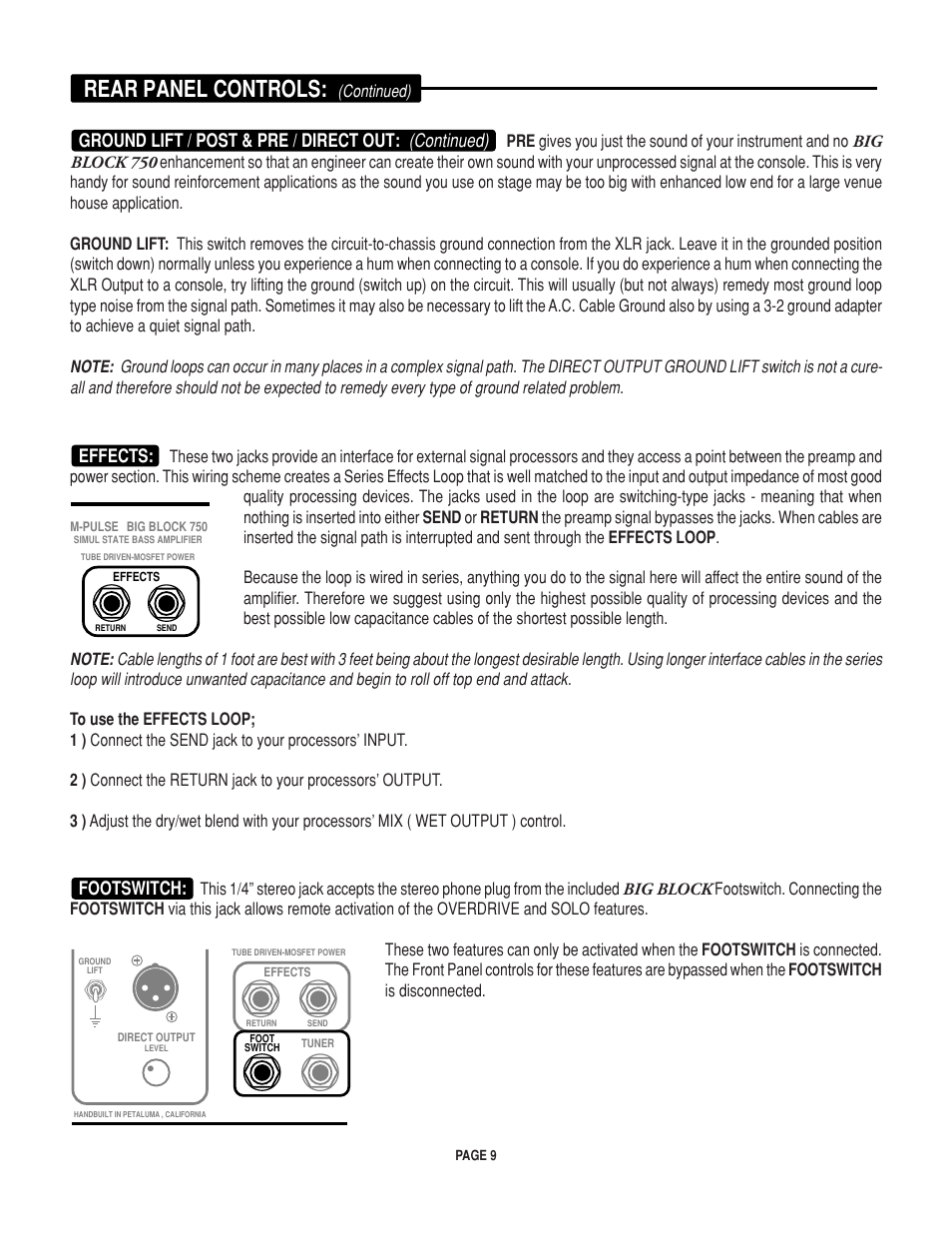 Rear panel controls, Ground lift / post & pre / direct out: (continued), Effects | Footswitch | Mesa/Boogie BIGBLOCK Big Block 750 User Manual | Page 13 / 20