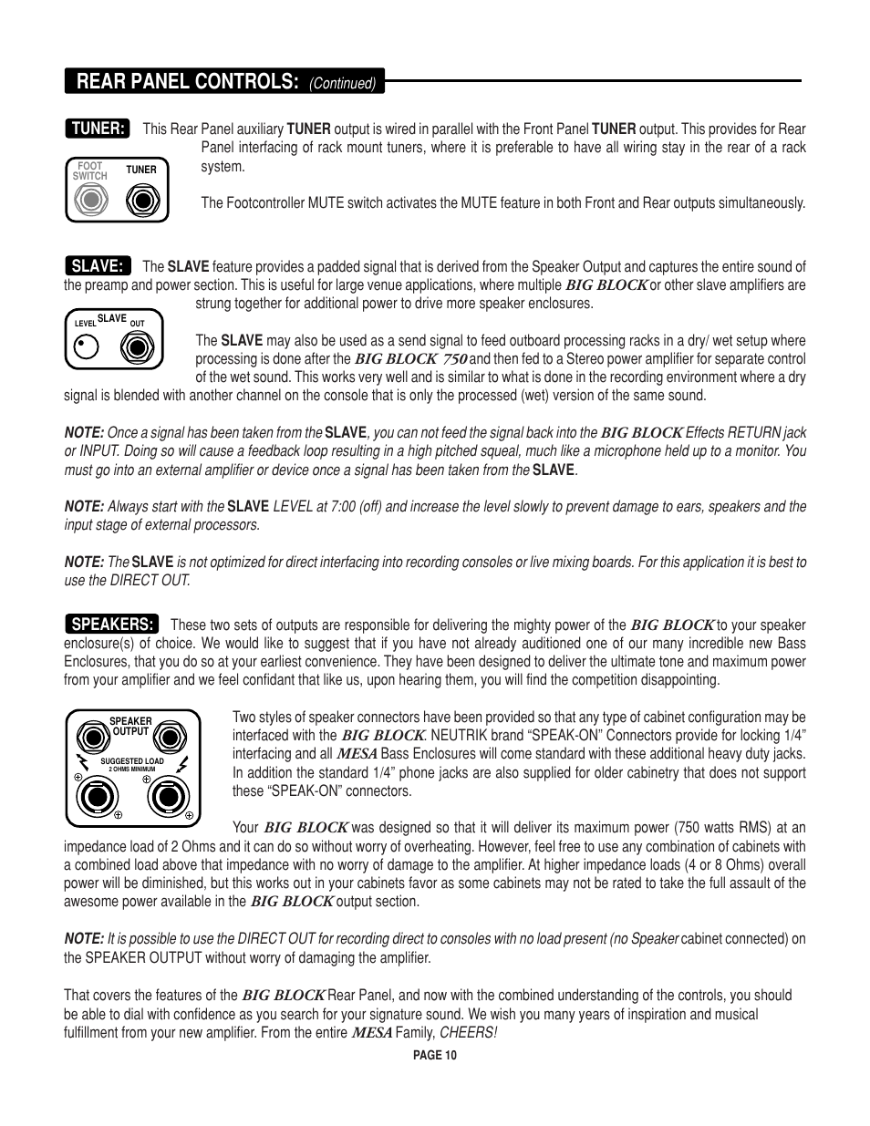 Rear panel controls | Mesa/Boogie BIGBLOCK Big Block 750 User Manual | Page 14 / 20