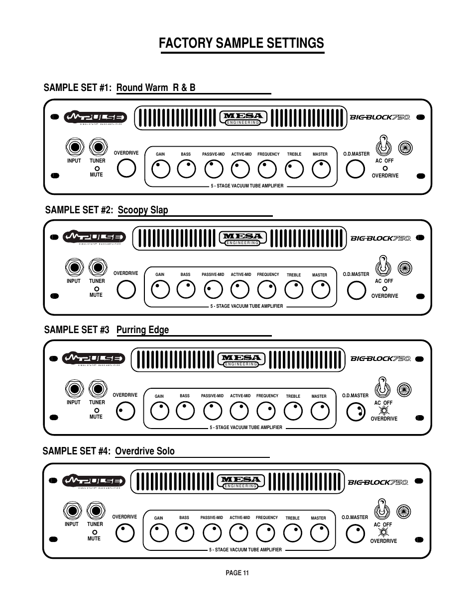 Factory sample settings, Page 11 | Mesa/Boogie BIGBLOCK Big Block 750 User Manual | Page 15 / 20