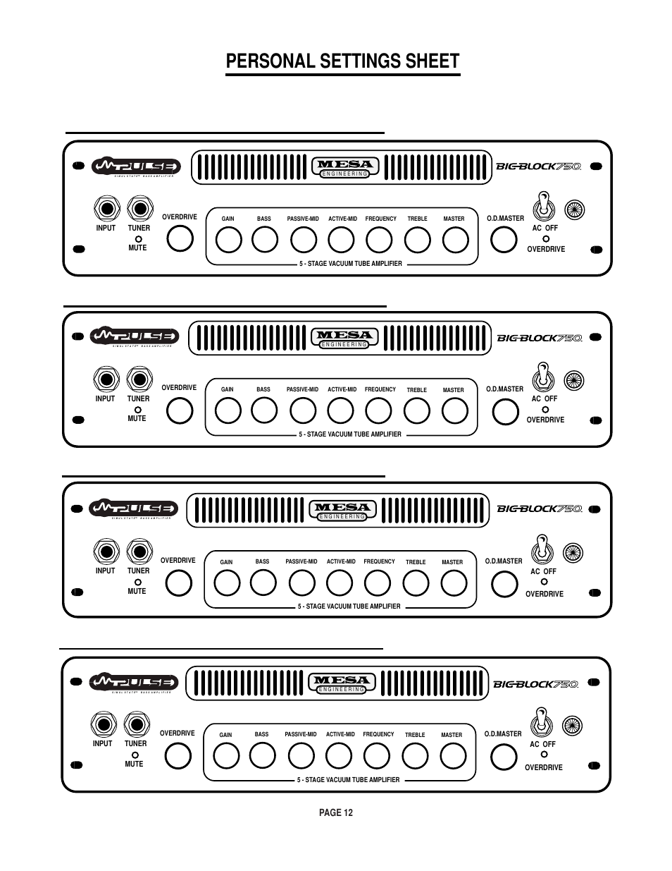 Personal settings sheet, Page 12 | Mesa/Boogie BIGBLOCK Big Block 750 User Manual | Page 16 / 20