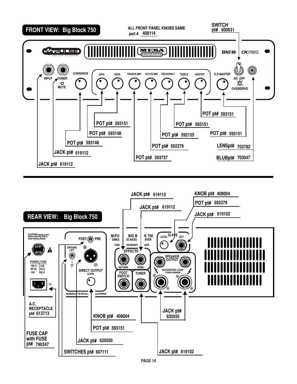 Front view: big block 750, Rear view: big block 750 | Mesa/Boogie BIGBLOCK Big Block 750 User Manual | Page 18 / 20