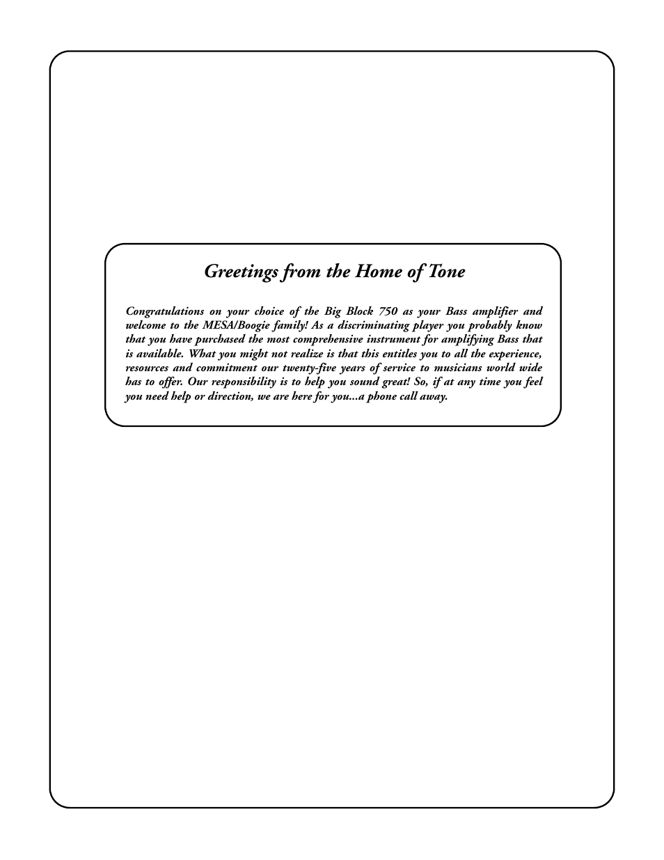 Greetings from the home of tone | Mesa/Boogie BIGBLOCK Big Block 750 User Manual | Page 2 / 20