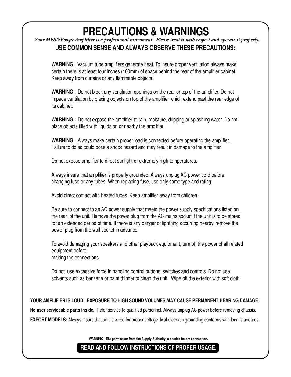 Precautions & warnings | Mesa/Boogie BIGBLOCK Big Block 750 User Manual | Page 3 / 20